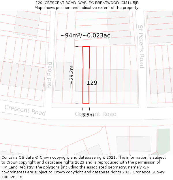 129, CRESCENT ROAD, WARLEY, BRENTWOOD, CM14 5JB: Plot and title map