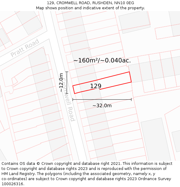 129, CROMWELL ROAD, RUSHDEN, NN10 0EG: Plot and title map