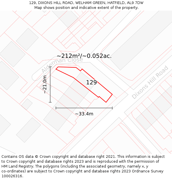 129, DIXONS HILL ROAD, WELHAM GREEN, HATFIELD, AL9 7DW: Plot and title map