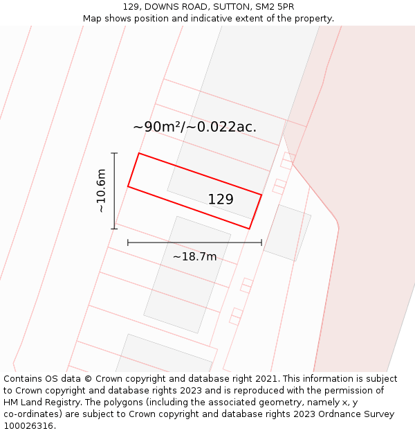 129, DOWNS ROAD, SUTTON, SM2 5PR: Plot and title map