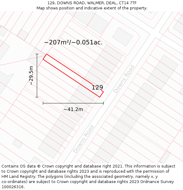 129, DOWNS ROAD, WALMER, DEAL, CT14 7TF: Plot and title map
