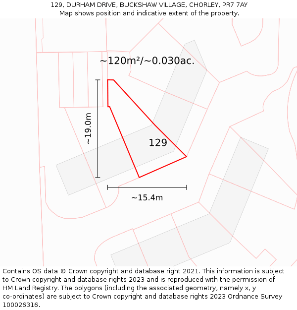 129, DURHAM DRIVE, BUCKSHAW VILLAGE, CHORLEY, PR7 7AY: Plot and title map