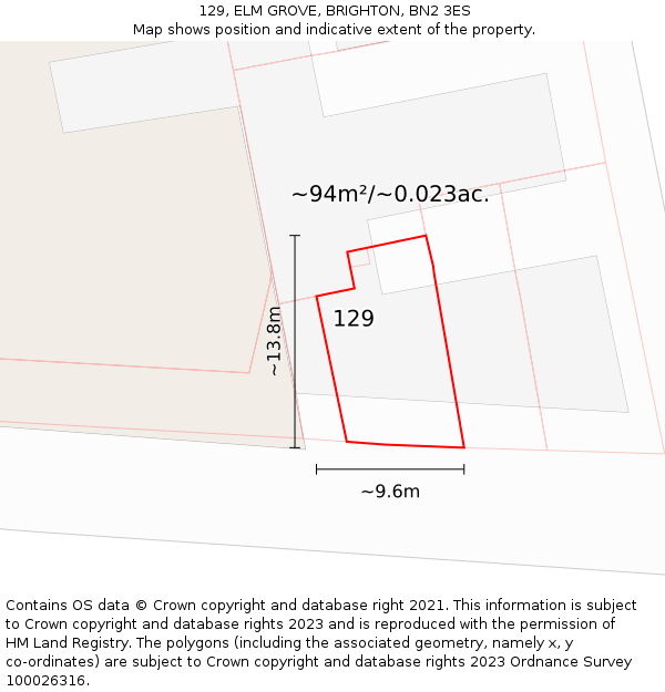 129, ELM GROVE, BRIGHTON, BN2 3ES: Plot and title map