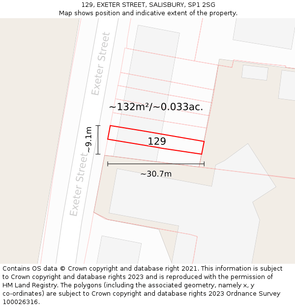 129, EXETER STREET, SALISBURY, SP1 2SG: Plot and title map