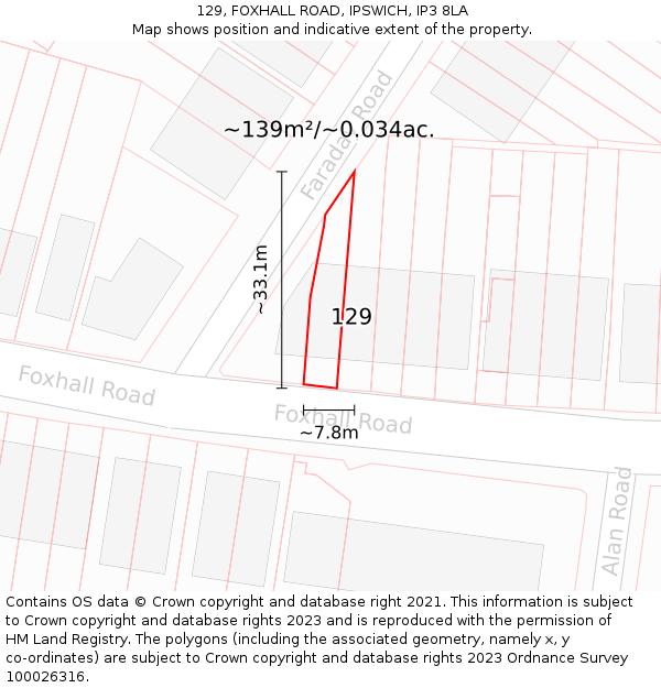129, FOXHALL ROAD, IPSWICH, IP3 8LA: Plot and title map