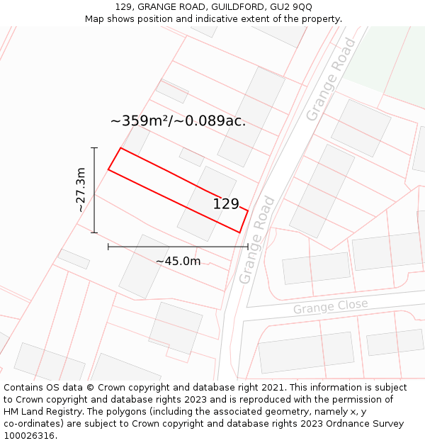 129, GRANGE ROAD, GUILDFORD, GU2 9QQ: Plot and title map