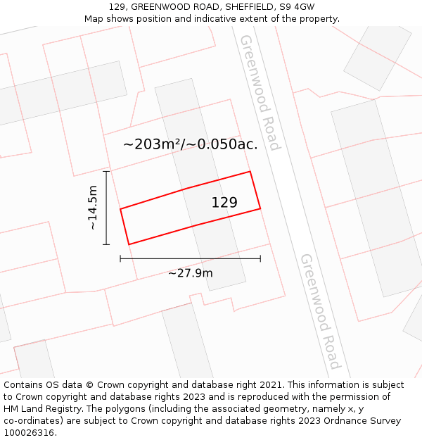 129, GREENWOOD ROAD, SHEFFIELD, S9 4GW: Plot and title map
