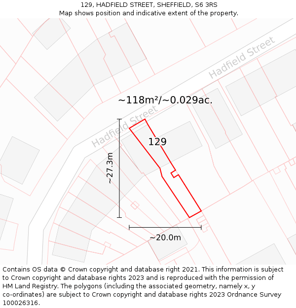 129, HADFIELD STREET, SHEFFIELD, S6 3RS: Plot and title map