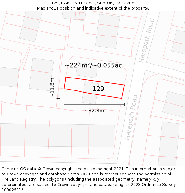 129, HAREPATH ROAD, SEATON, EX12 2EA: Plot and title map