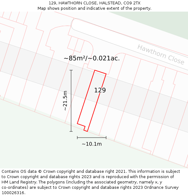 129, HAWTHORN CLOSE, HALSTEAD, CO9 2TX: Plot and title map