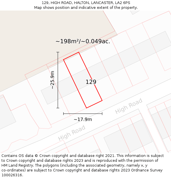 129, HIGH ROAD, HALTON, LANCASTER, LA2 6PS: Plot and title map
