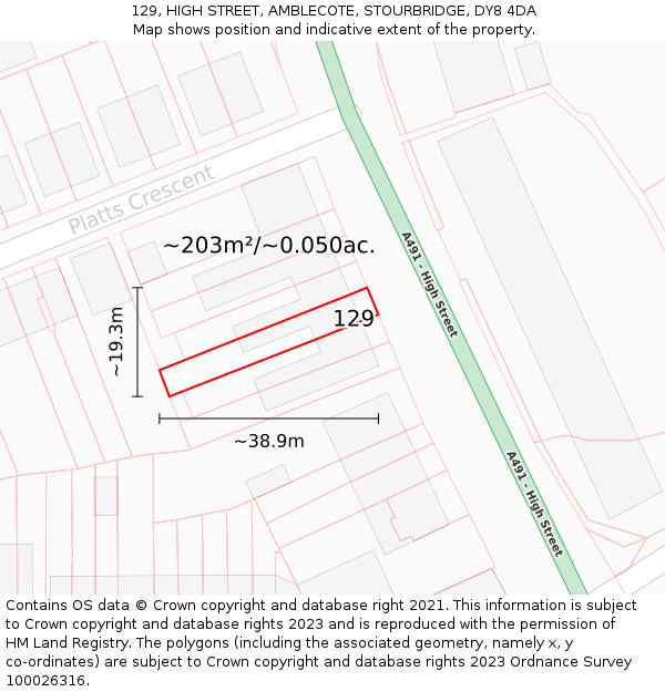129, HIGH STREET, AMBLECOTE, STOURBRIDGE, DY8 4DA: Plot and title map