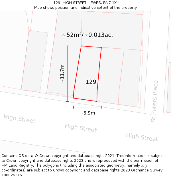129, HIGH STREET, LEWES, BN7 1XL: Plot and title map