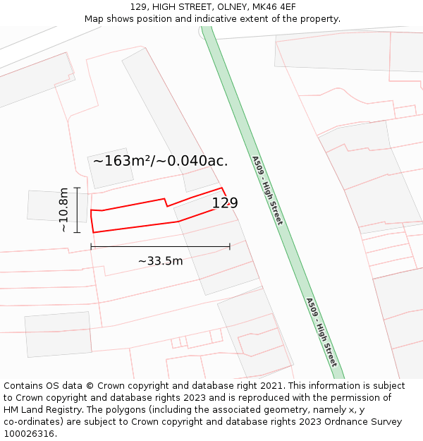 129, HIGH STREET, OLNEY, MK46 4EF: Plot and title map