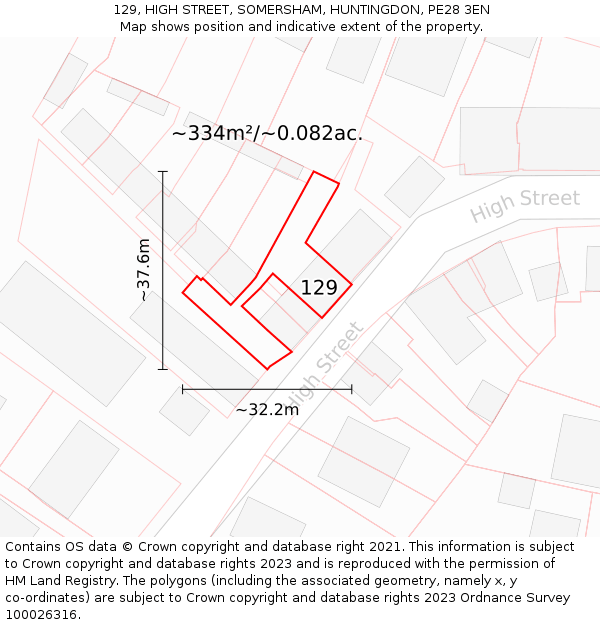 129, HIGH STREET, SOMERSHAM, HUNTINGDON, PE28 3EN: Plot and title map