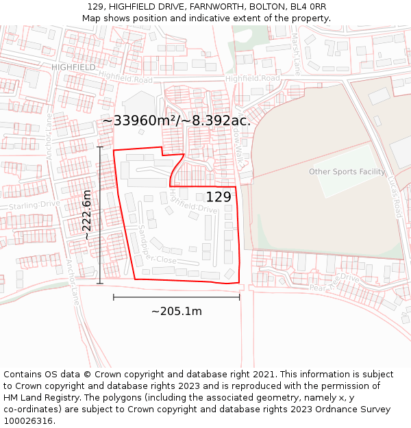 129, HIGHFIELD DRIVE, FARNWORTH, BOLTON, BL4 0RR: Plot and title map