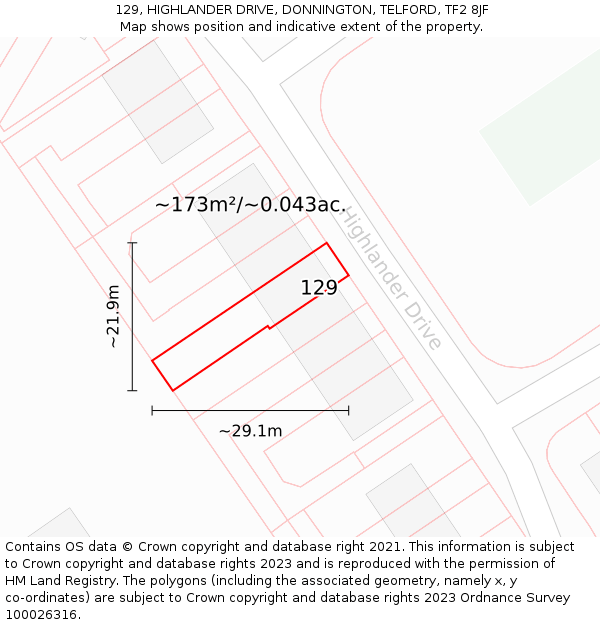 129, HIGHLANDER DRIVE, DONNINGTON, TELFORD, TF2 8JF: Plot and title map