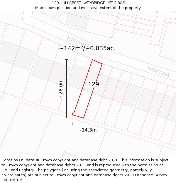 129, HILLCREST, WEYBRIDGE, KT13 8AS: Plot and title map