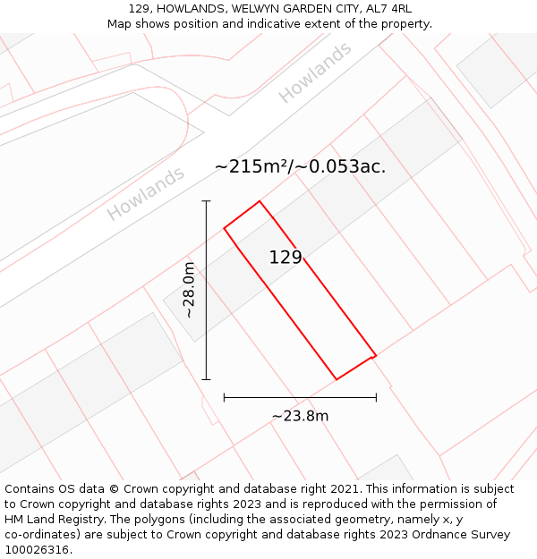 129, HOWLANDS, WELWYN GARDEN CITY, AL7 4RL: Plot and title map
