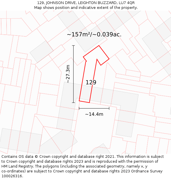 129, JOHNSON DRIVE, LEIGHTON BUZZARD, LU7 4QR: Plot and title map