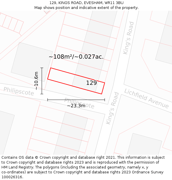 129, KINGS ROAD, EVESHAM, WR11 3BU: Plot and title map