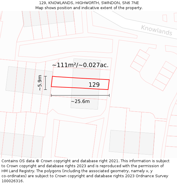 129, KNOWLANDS, HIGHWORTH, SWINDON, SN6 7NE: Plot and title map