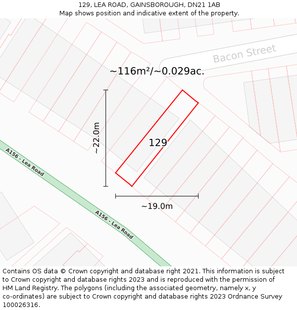 129, LEA ROAD, GAINSBOROUGH, DN21 1AB: Plot and title map