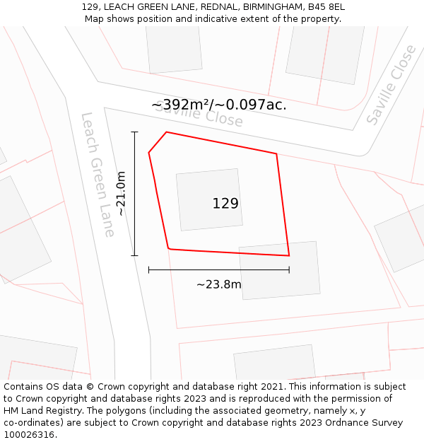 129, LEACH GREEN LANE, REDNAL, BIRMINGHAM, B45 8EL: Plot and title map
