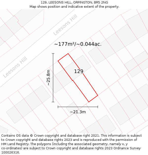 129, LEESONS HILL, ORPINGTON, BR5 2NG: Plot and title map