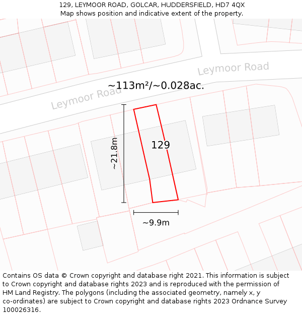 129, LEYMOOR ROAD, GOLCAR, HUDDERSFIELD, HD7 4QX: Plot and title map