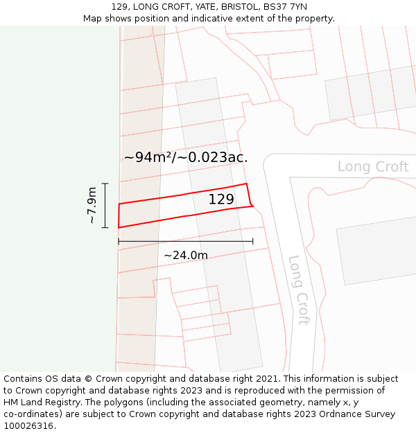 129, LONG CROFT, YATE, BRISTOL, BS37 7YN: Plot and title map