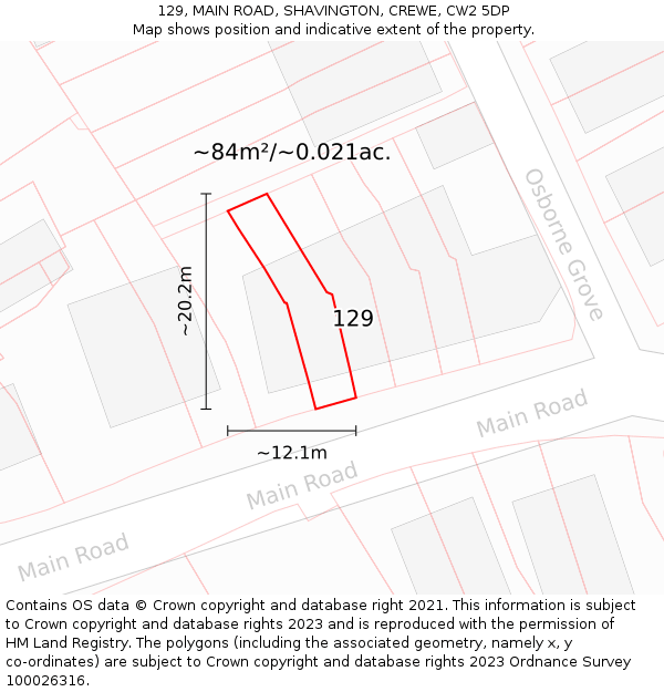 129, MAIN ROAD, SHAVINGTON, CREWE, CW2 5DP: Plot and title map