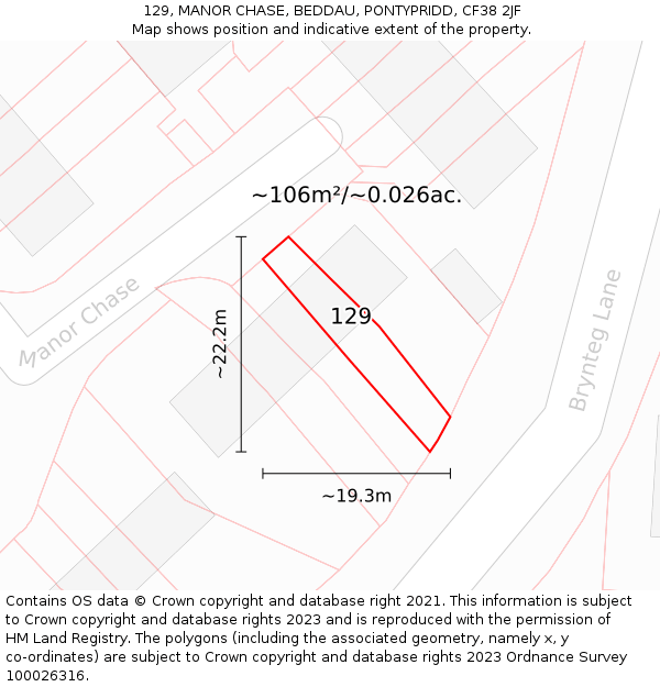 129, MANOR CHASE, BEDDAU, PONTYPRIDD, CF38 2JF: Plot and title map