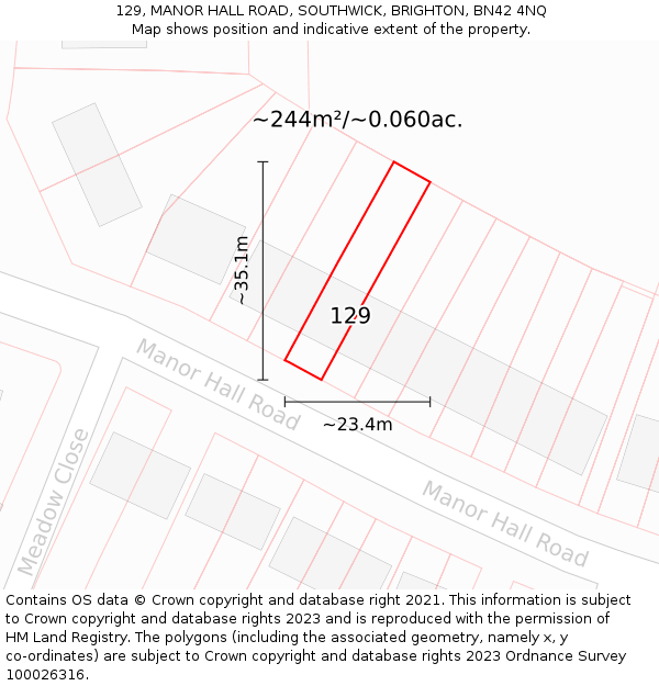 129, MANOR HALL ROAD, SOUTHWICK, BRIGHTON, BN42 4NQ: Plot and title map