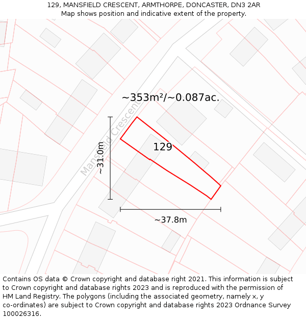 129, MANSFIELD CRESCENT, ARMTHORPE, DONCASTER, DN3 2AR: Plot and title map