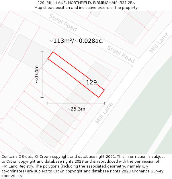 129, MILL LANE, NORTHFIELD, BIRMINGHAM, B31 2RN: Plot and title map