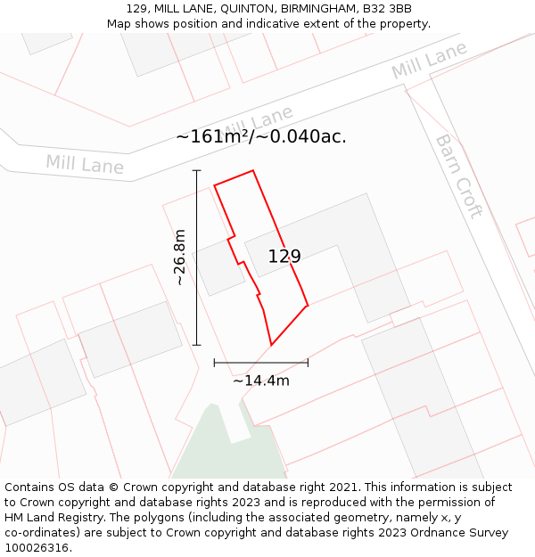 129, MILL LANE, QUINTON, BIRMINGHAM, B32 3BB: Plot and title map
