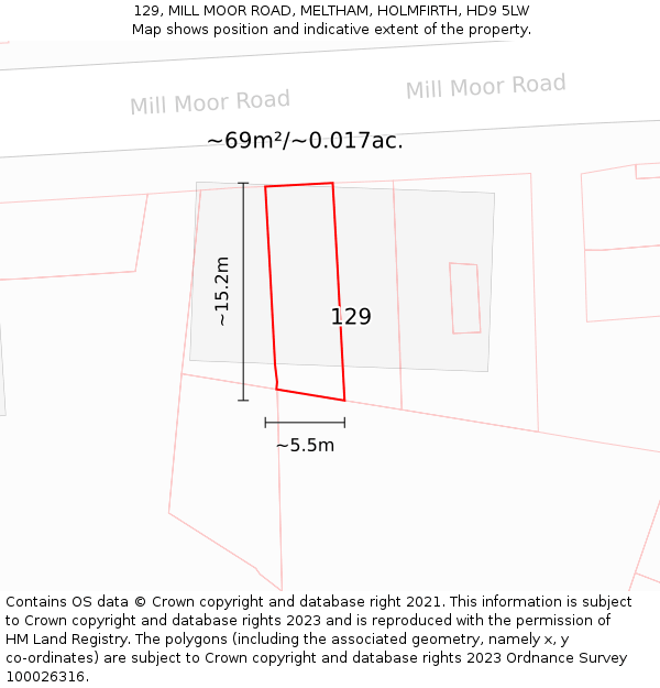 129, MILL MOOR ROAD, MELTHAM, HOLMFIRTH, HD9 5LW: Plot and title map