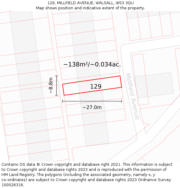 129, MILLFIELD AVENUE, WALSALL, WS3 3QU: Plot and title map