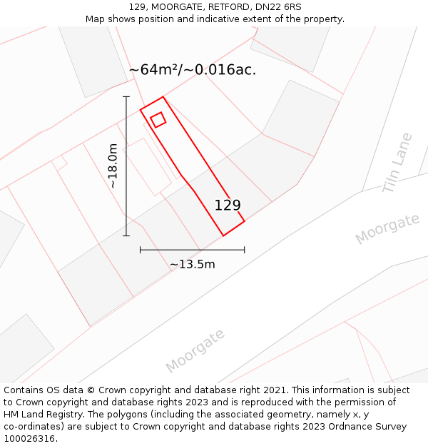 129, MOORGATE, RETFORD, DN22 6RS: Plot and title map