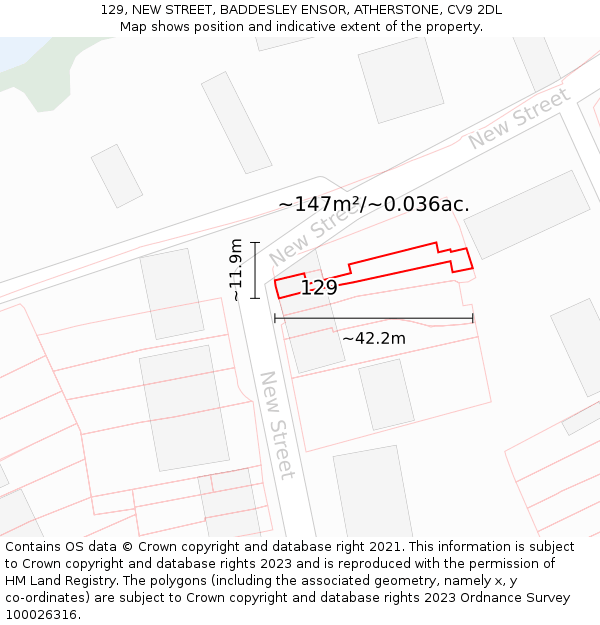 129, NEW STREET, BADDESLEY ENSOR, ATHERSTONE, CV9 2DL: Plot and title map