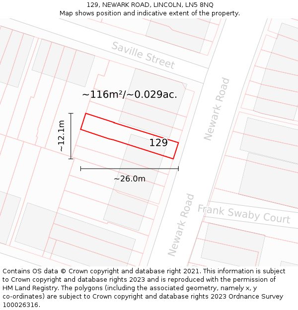 129, NEWARK ROAD, LINCOLN, LN5 8NQ: Plot and title map