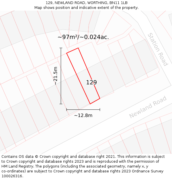 129, NEWLAND ROAD, WORTHING, BN11 1LB: Plot and title map