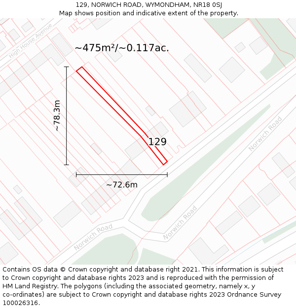 129, NORWICH ROAD, WYMONDHAM, NR18 0SJ: Plot and title map