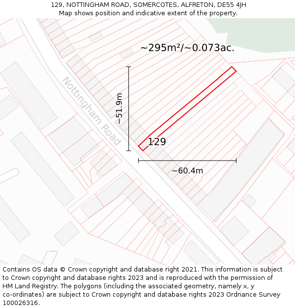 129, NOTTINGHAM ROAD, SOMERCOTES, ALFRETON, DE55 4JH: Plot and title map
