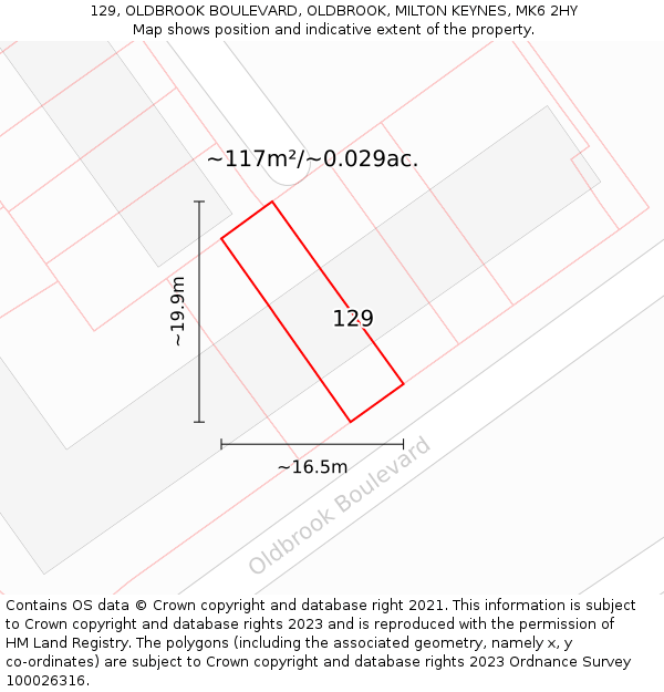 129, OLDBROOK BOULEVARD, OLDBROOK, MILTON KEYNES, MK6 2HY: Plot and title map
