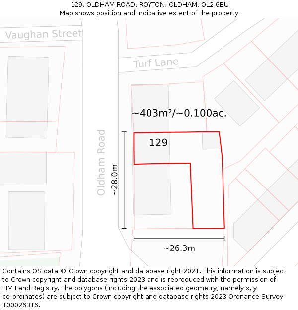 129, OLDHAM ROAD, ROYTON, OLDHAM, OL2 6BU: Plot and title map