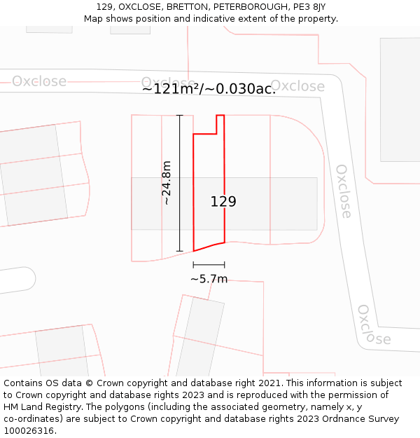 129, OXCLOSE, BRETTON, PETERBOROUGH, PE3 8JY: Plot and title map