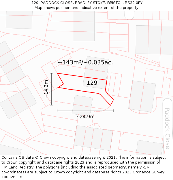 129, PADDOCK CLOSE, BRADLEY STOKE, BRISTOL, BS32 0EY: Plot and title map