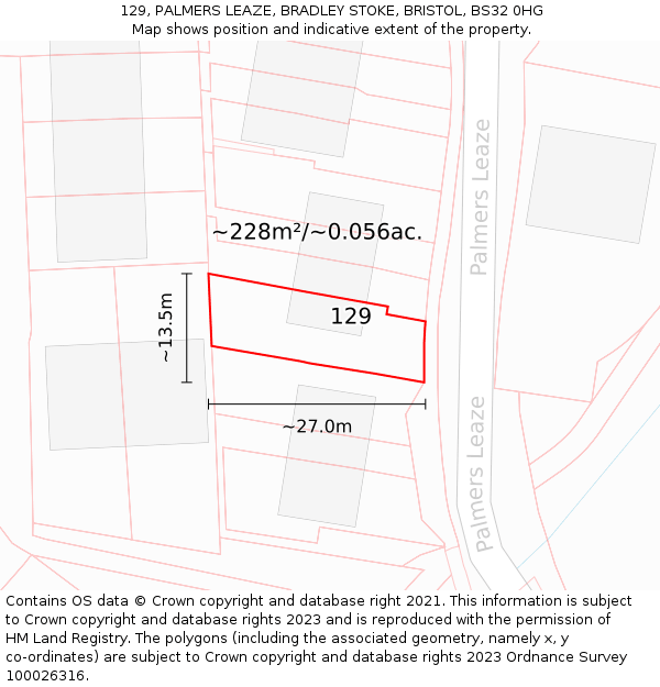 129, PALMERS LEAZE, BRADLEY STOKE, BRISTOL, BS32 0HG: Plot and title map